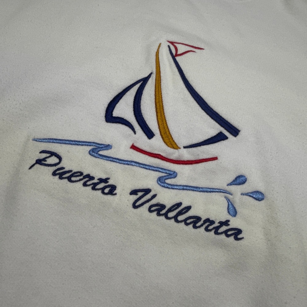 Vintage 90s Puerto Vallarta Sailboat Embroidered Sweatshirt White Large Boat Y2K - Picture 2 of 12